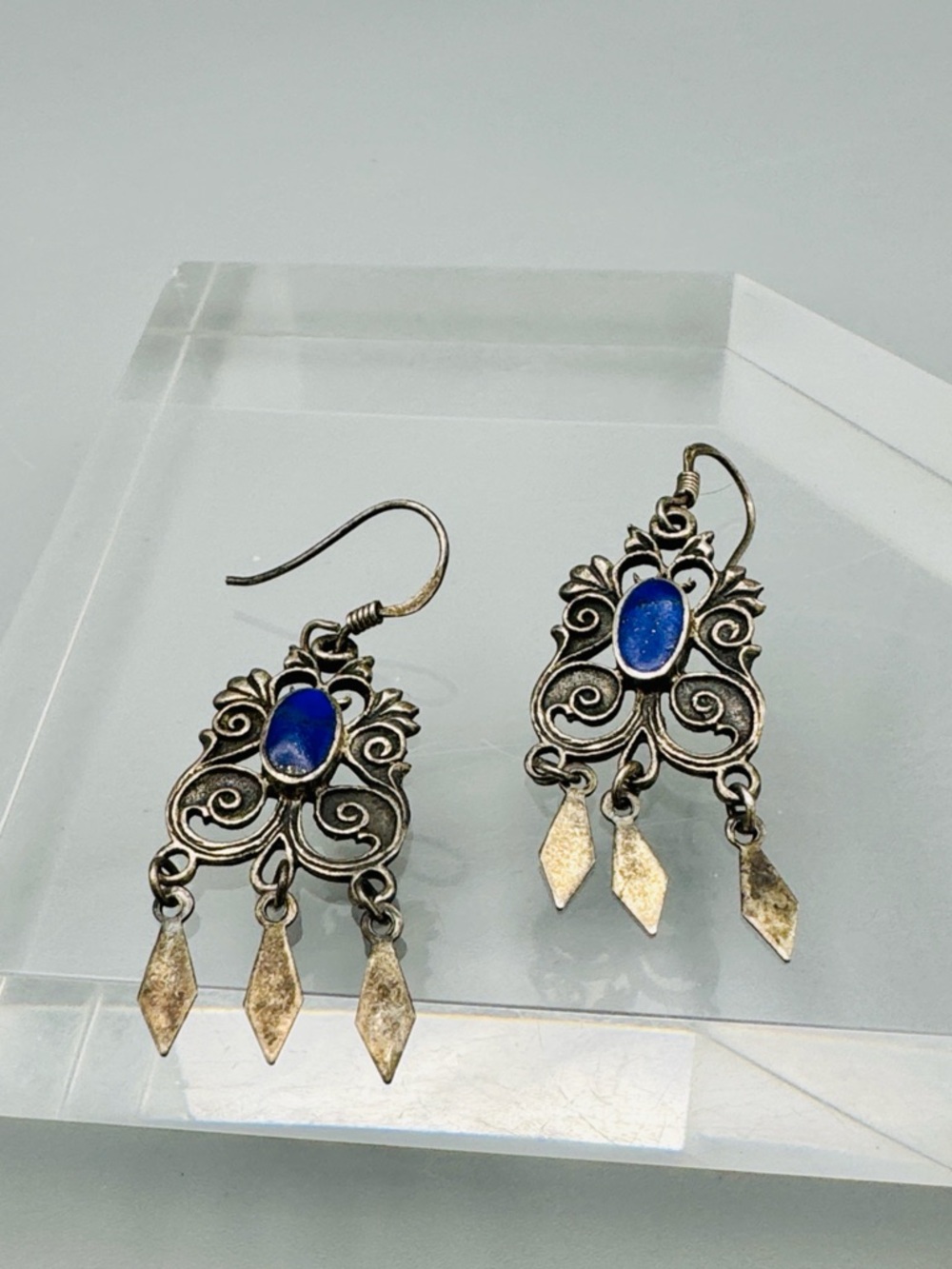 Vintage Lapis Lazuli Sterling Silver Fancy Dangle Earrings